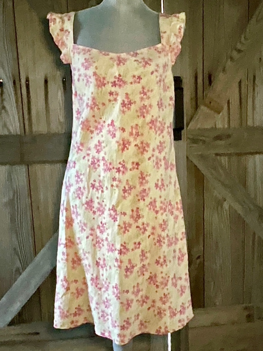 LOFT Linen Floral Midi Dress Size 14 Pink Cream Cottagecore Sleeveless